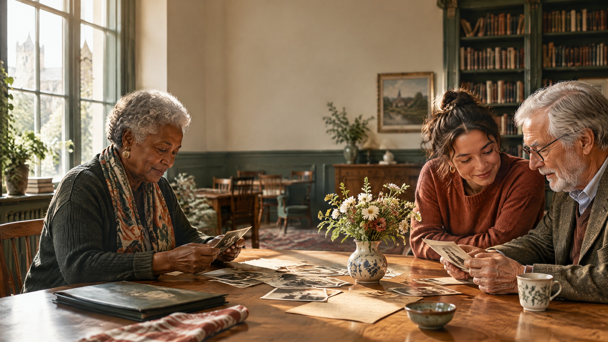 Three generations connecting over family photographs in a warm community library