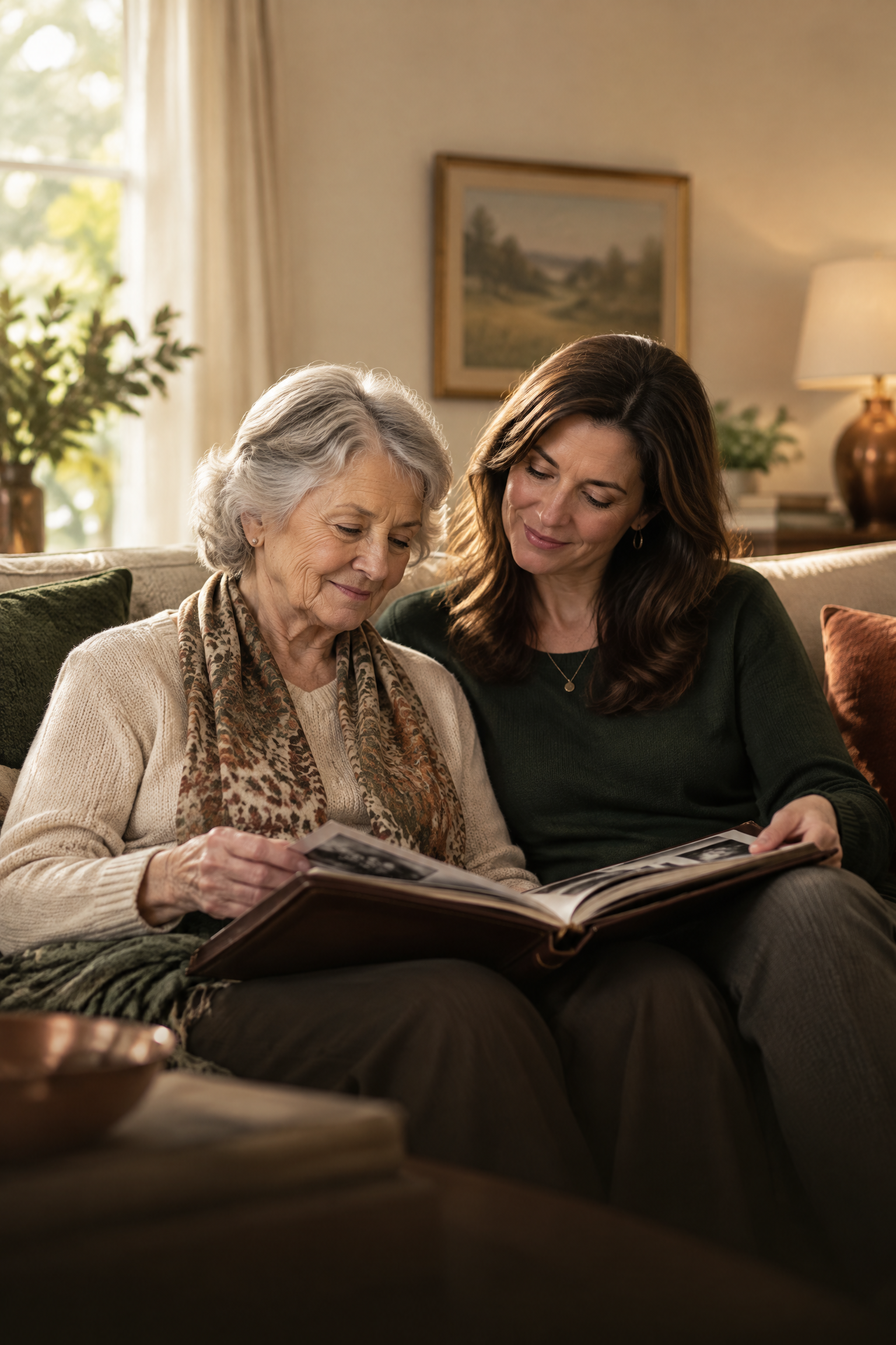 Grandmother and daughter looking at a family photo album